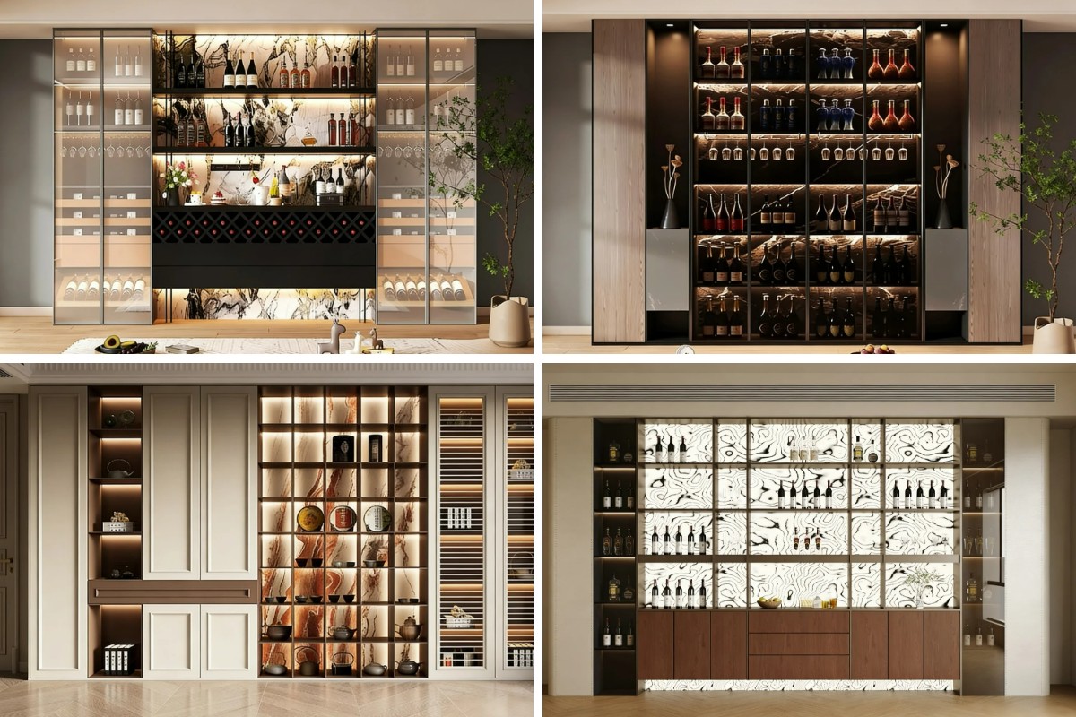 Vielseitige Weinschrankkonfigurationen für mehrere Szenen mit integrierter Arbeitsplatte und Gitterregalen.