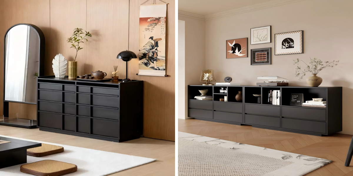 Mobile contenitore di alta gamma in noce con esclusivi dettagli a scheletro verticale, ideale per un design d'interni di lusso.