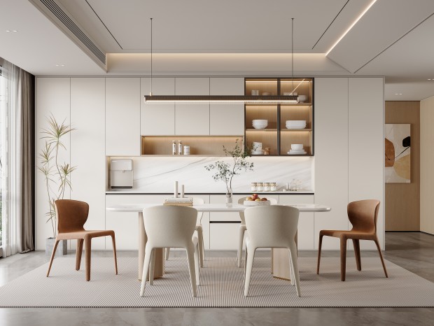 Bespoke modular cabinetry solutions for dining room design providing high-capacity storage and optimized organizational flow.