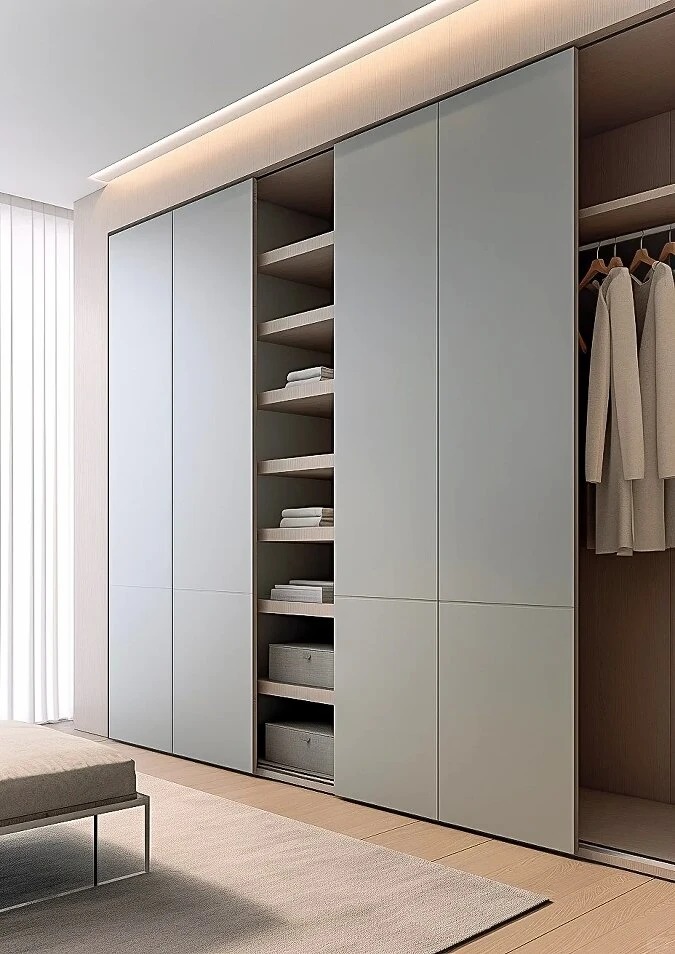 Lemari Pakaian Pintu Geser Modern Abu-abu Muda