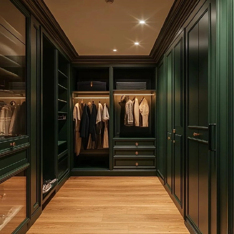 Bespoke dark green walk-in closet cabinetry engineered with premium panels and integrated illumination for high-end residential projects