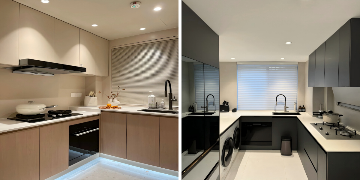 Petite cuisine avec un meuble coulissant étroit et des rangements muraux