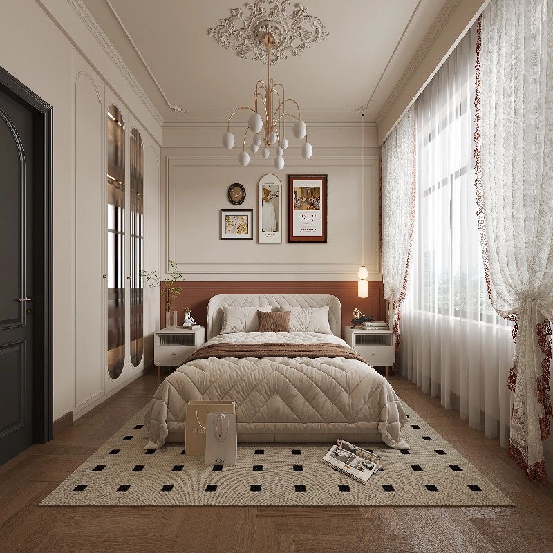 Cálido diseño de dormitorio moderno con alfombra de lunares