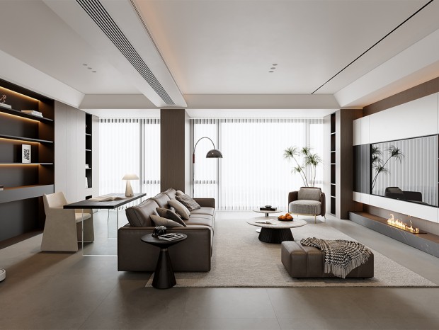 Bespoke wood-tone cabinetry system for luxury living room interior and space optimization