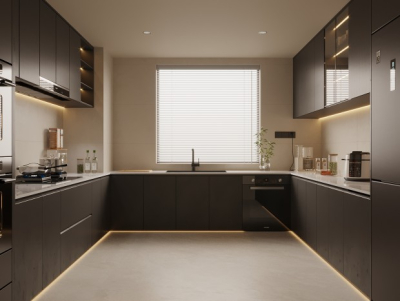 Белые кухонные шкафы с черными столешницами