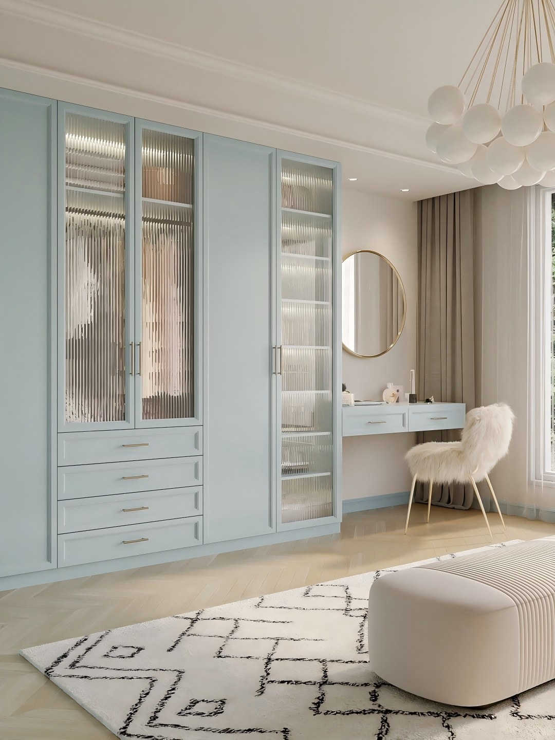 Armario de madera azul a medida con soluciones modernas de mobiliario para dormitorio