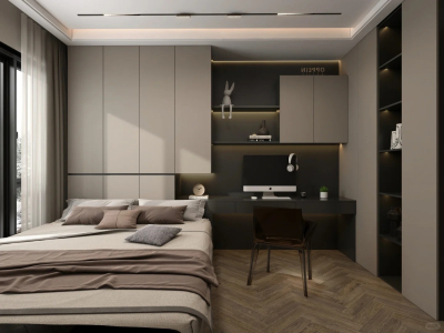 design personalizzato per camera da letto di piccole dimensioni con armadio a muro e scrivania
