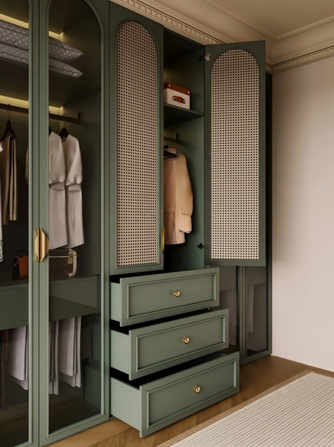 Interior view of custom green wardrobe showing hanging space and drawers, minimalist bedroom storage system.