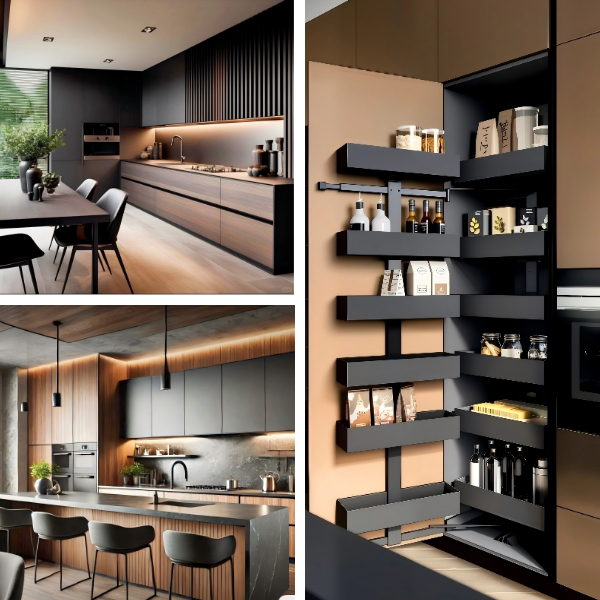 Bisagras de cierre suave Premium Blum integradas en gabinetes de cocina de panel plano de madera oscura y gris