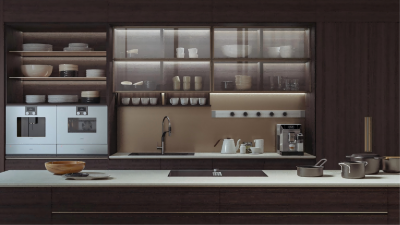 Design moderno di cucina personalizzata con armadiatura intelligente integrata per progetti residenziali di lusso