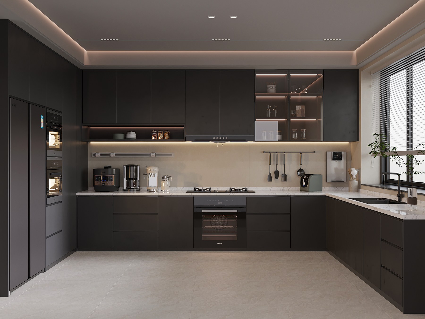 Custom black kitchen cabinetry with premium hardware and sleek matte surfaces
