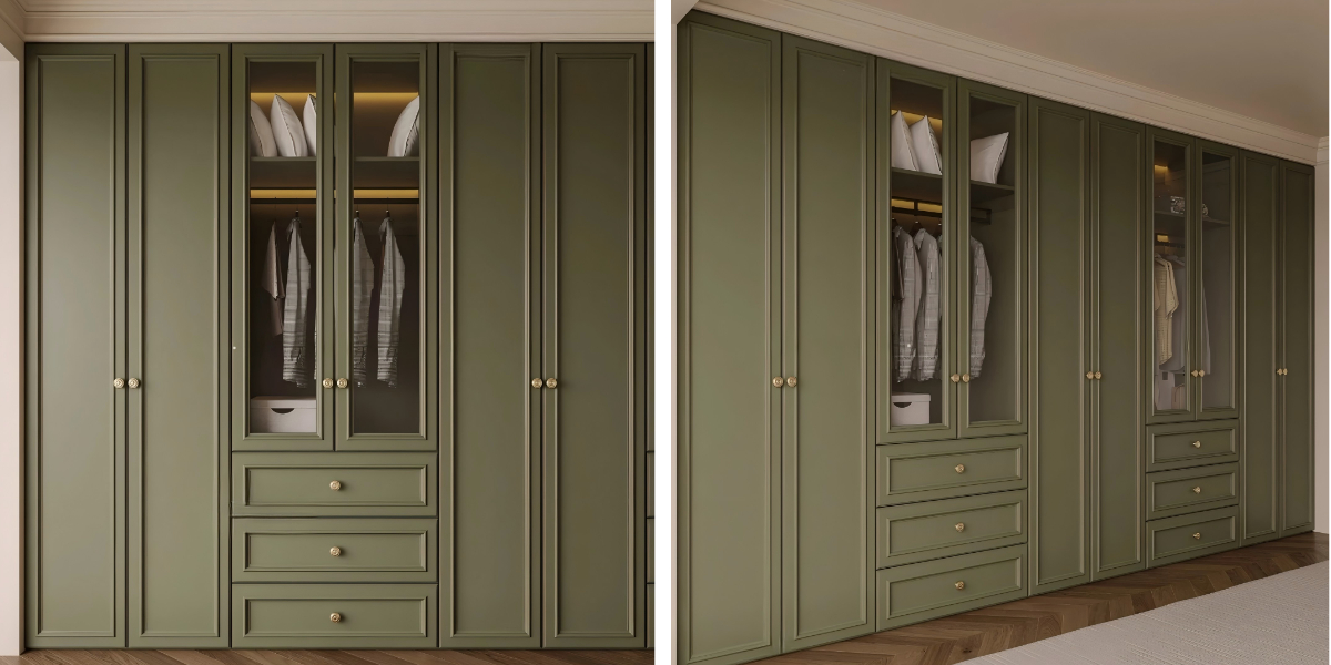 Custom green wardrobe with streamlined modern handles, showcasing high-capacity interior organization for bedroom storage. Custom green wardrobe with streamlined modern handles, showcasing high-capacity interior organization for bedroom storage.