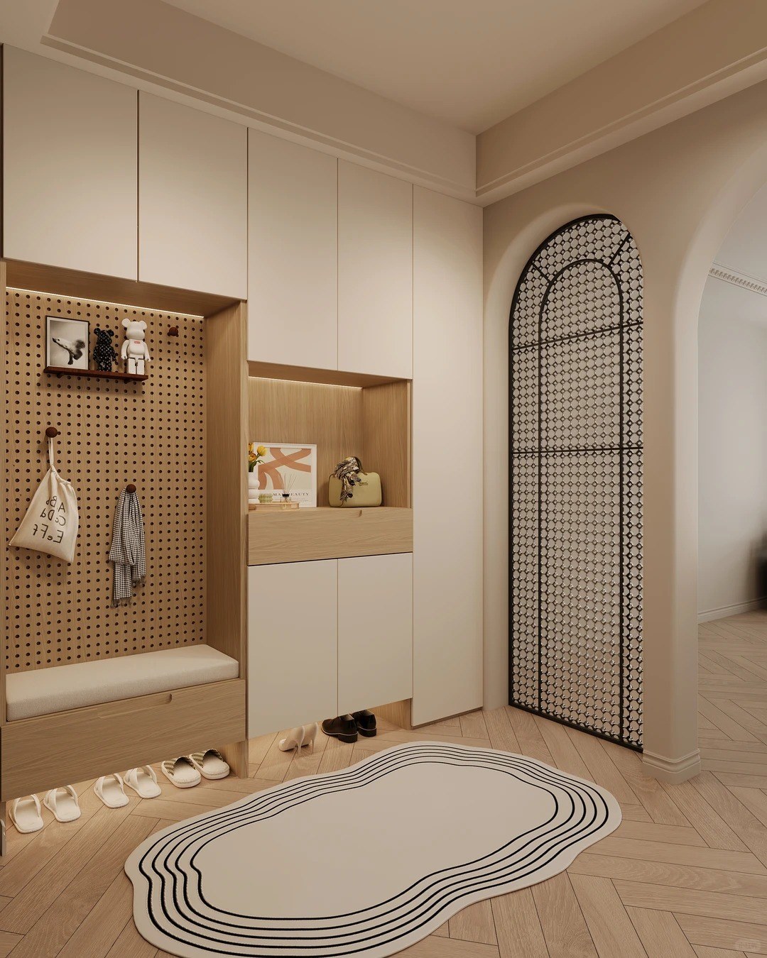 Modern custom hallway storage cabinet with organized shelving for entryways