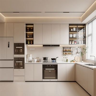 Gabinetes de cocina blancos con puertas de vidrio