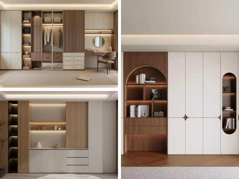 Custom white armoire wardrobe featuring warm wood tone accents Custom white armoire wardrobe featuring warm wood tone accents