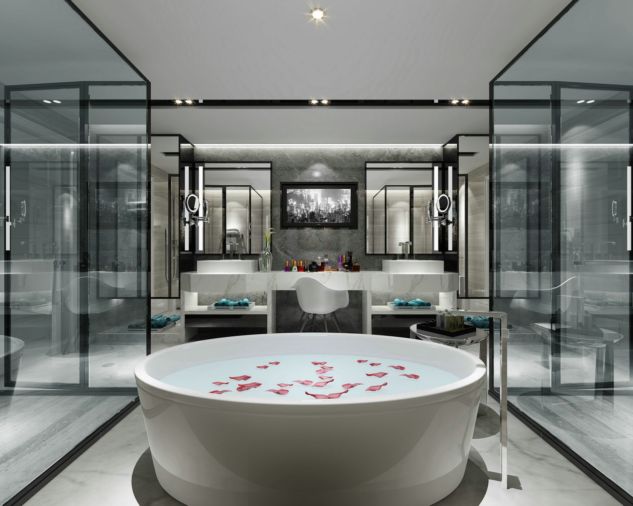 Modern luxury bathroom design with integrated sanitary cabinetry for high-end residential projects.