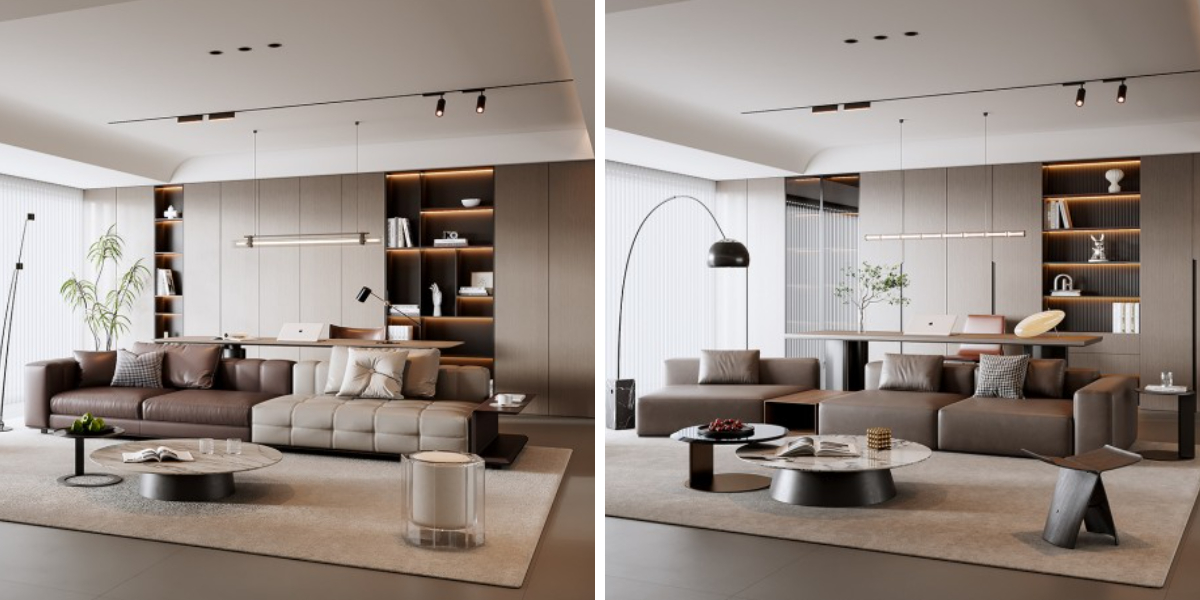 Bespoke wood-tone cabinetry and integrated living room design solutions for modern interior projects
