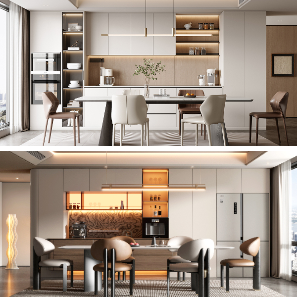 Armarios de cocina modernos de paneles planos y puertas de vidrio color beige con diseño de electrodomésticos integrados Armarios de cocina modernos de paneles planos y puertas de vidrio color beige con diseño de electrodomésticos integrados