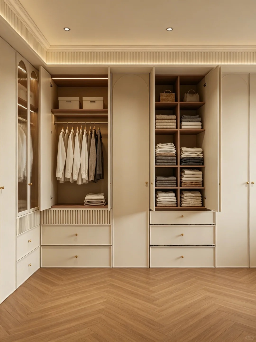 Matte white custom bedroom closet featuring integrated handle system and functional open shelving
