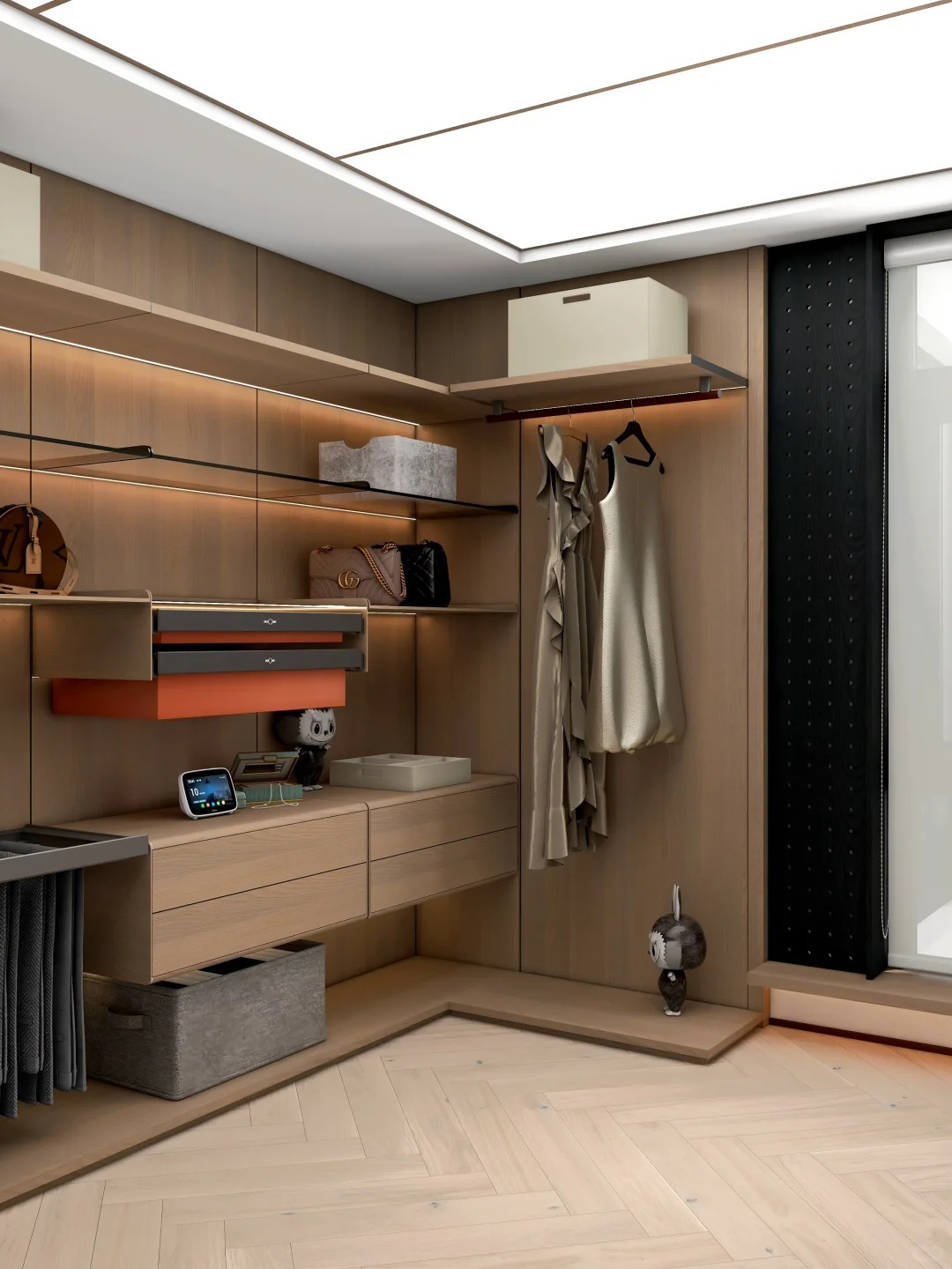 Modern walk-in closet system featuring integrated LED lighting and luxury custom shelving for high-end residential dressing rooms.