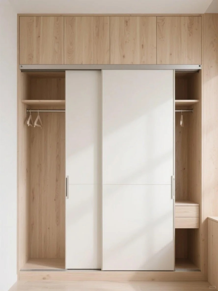 Armoire blanche encastrée à portes coulissantes avec rails en aluminium robustes, tringles spacieuses et construction intérieure en bois d'ingénierie durable.