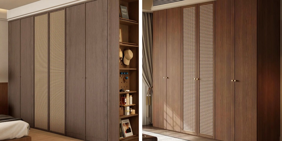 Lemari pakaian kayu modern dengan panel anyaman bergaya rotan dan rak terbuka terintegrasi untuk penyimpanan kamar tidur kontemporer