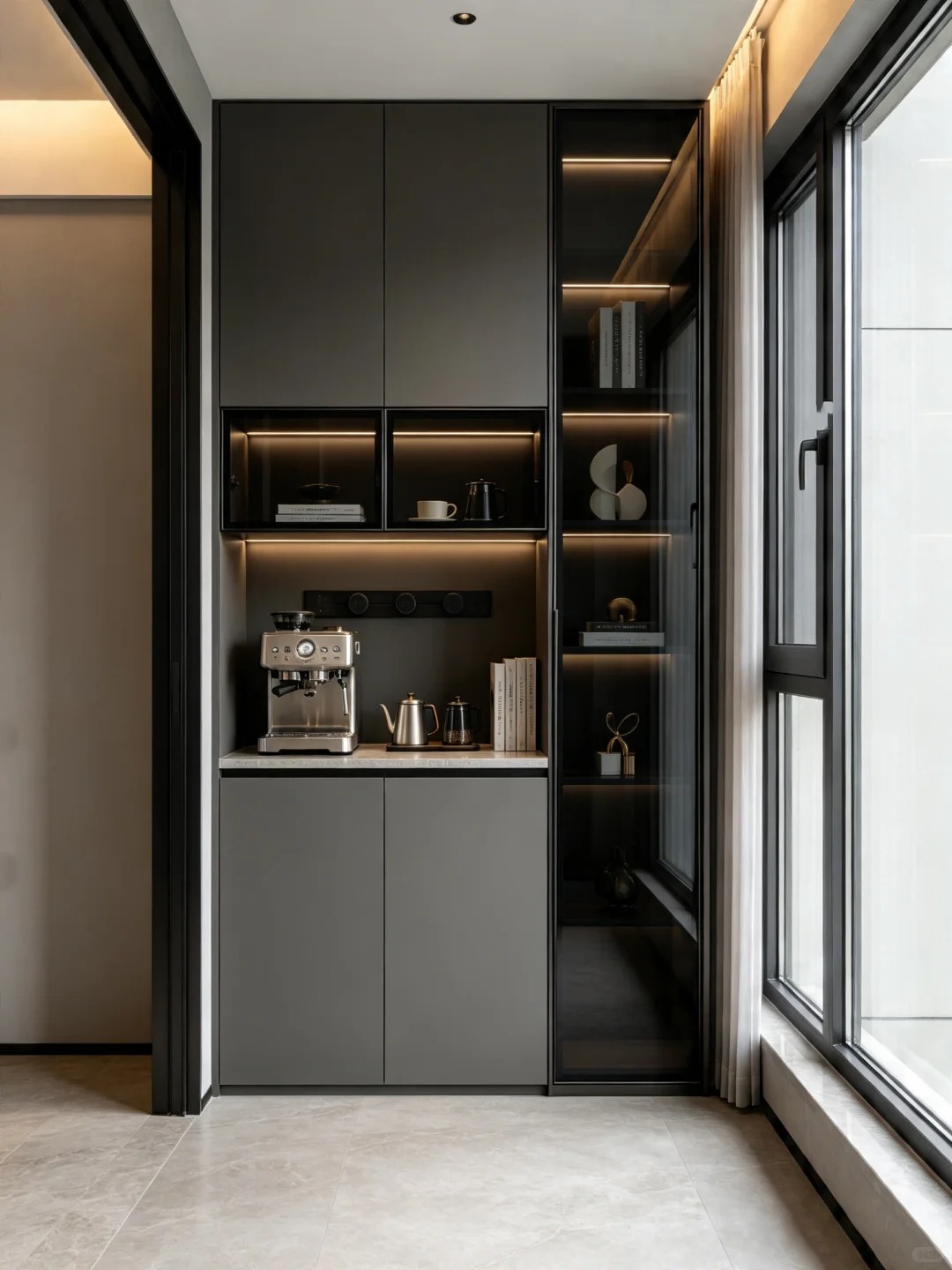 Contemporary dark grey built-in utility and storage cabinet for modern apartment enclosed balcony design