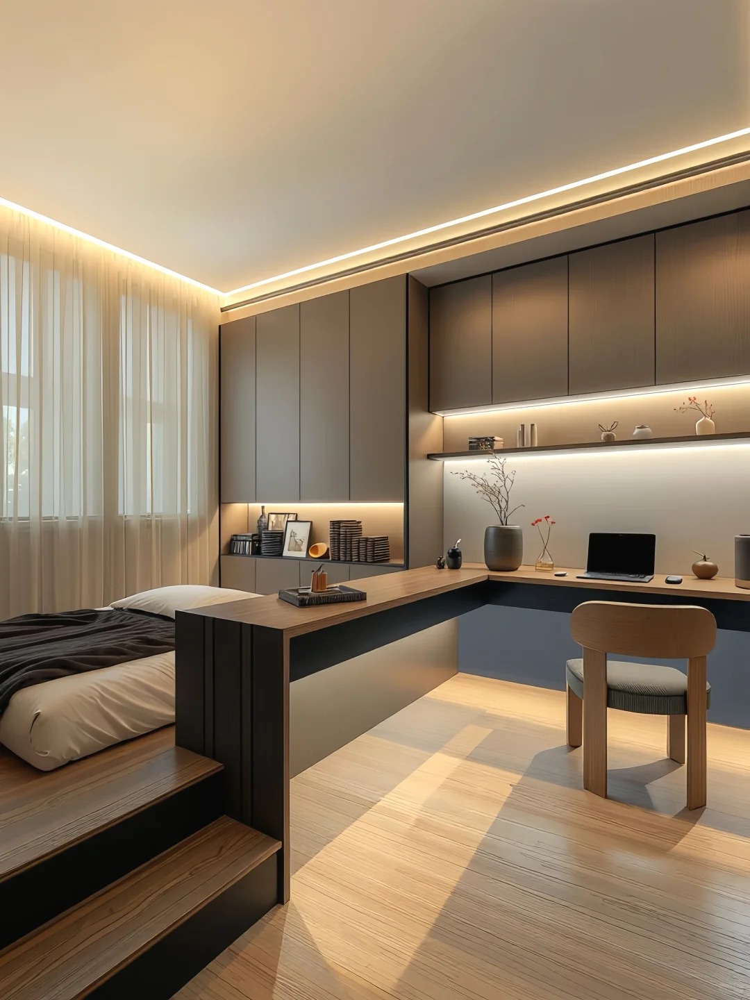desain furnitur kamar tidur dengan tekstur kayu mewah dan lemari built-in