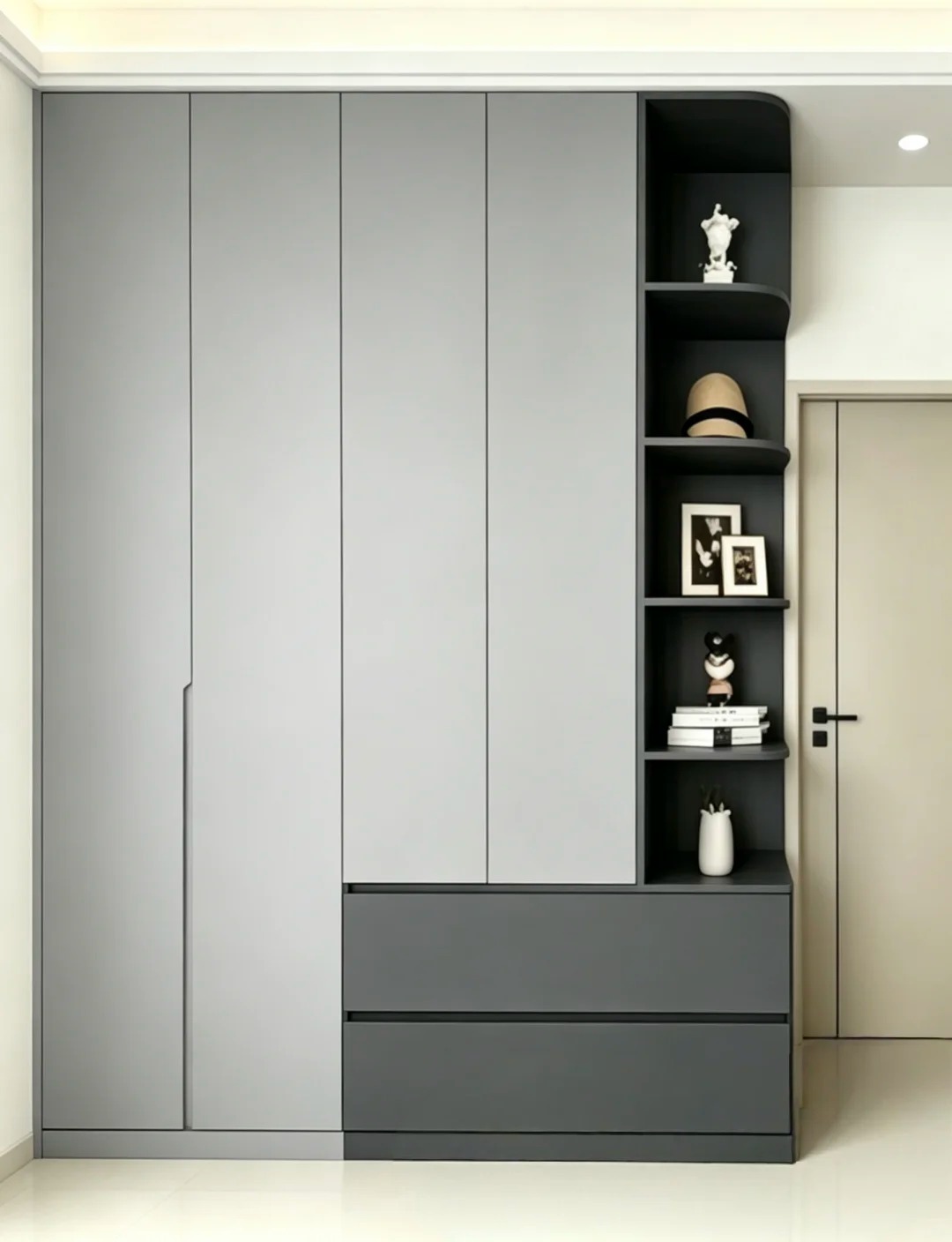 Floor-to-ceiling grey wardrobe with custom open display cabinets for modern residential projects.