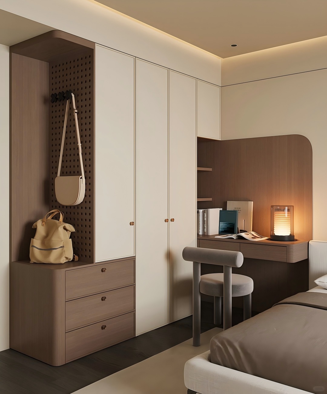Modern bedroom night table with custom storage drawers, minimalist bedside table design.