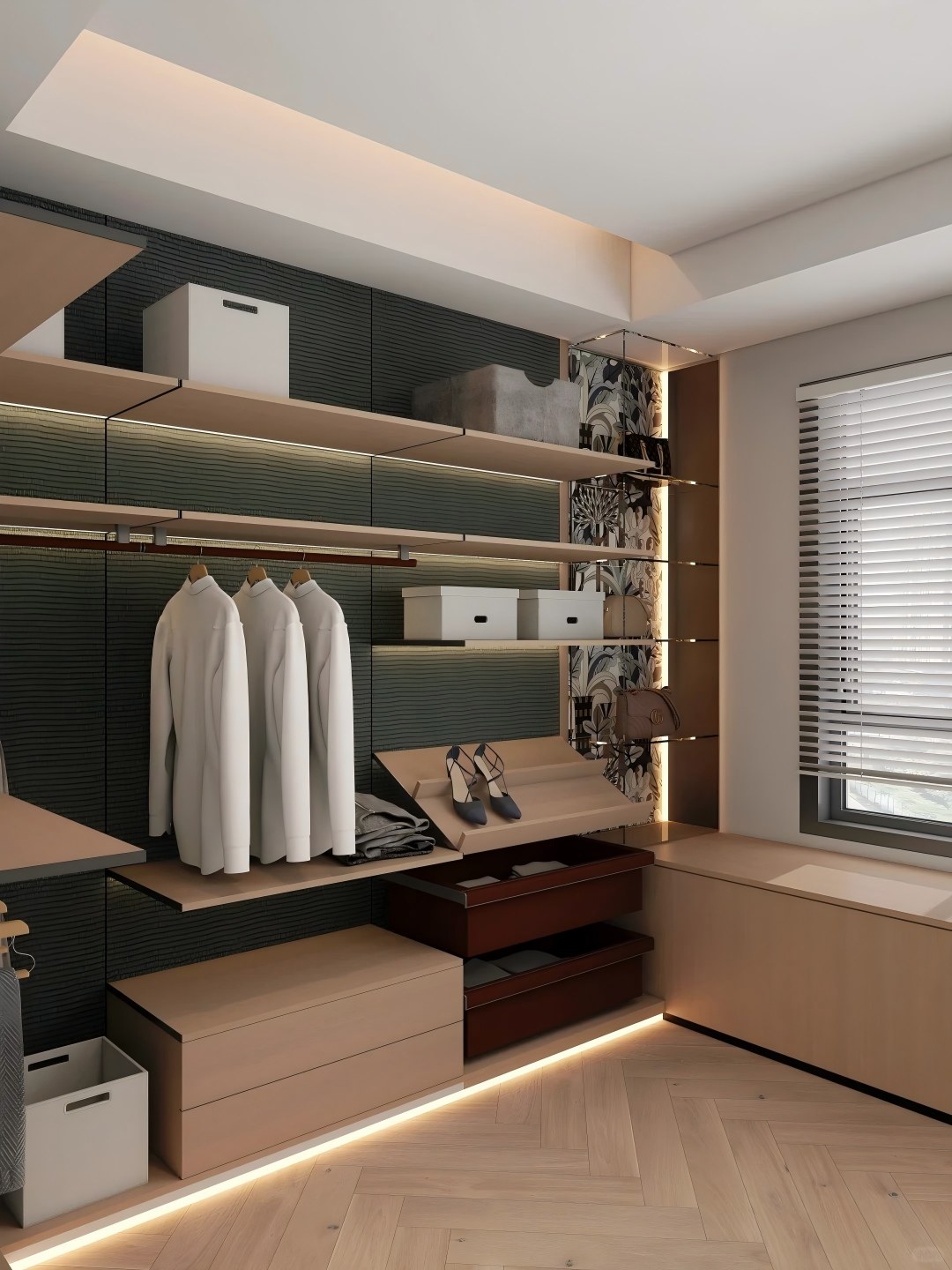 L-shaped modular wardrobe layout showcasing customized corner modules and multi-tier hanging rods for space-saving bedroom configurations.