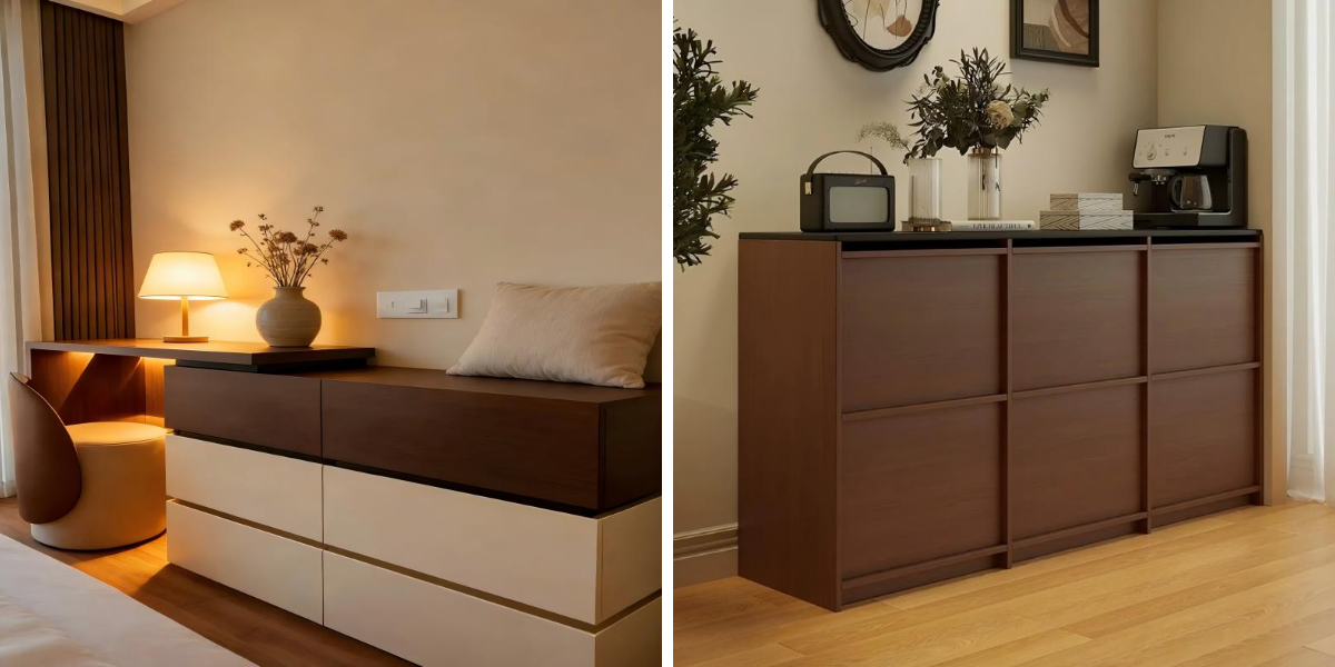 Elegante cassettiera in noce in un soggiorno in stile moderno di metà secolo, illuminata dalla morbida luce del mattino.