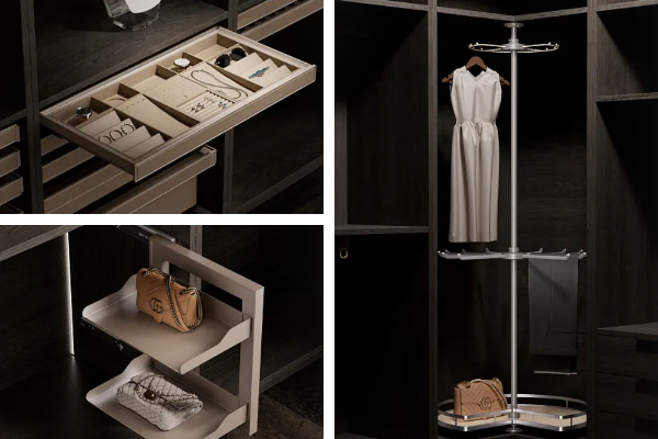 Functional wardrobe accessories for modern white wardrobe luxury walk in closet organization system including rotating racks and jewelry trays. Functional wardrobe accessories for modern white wardrobe luxury walk in closet organization system including rotating racks and jewelry trays.