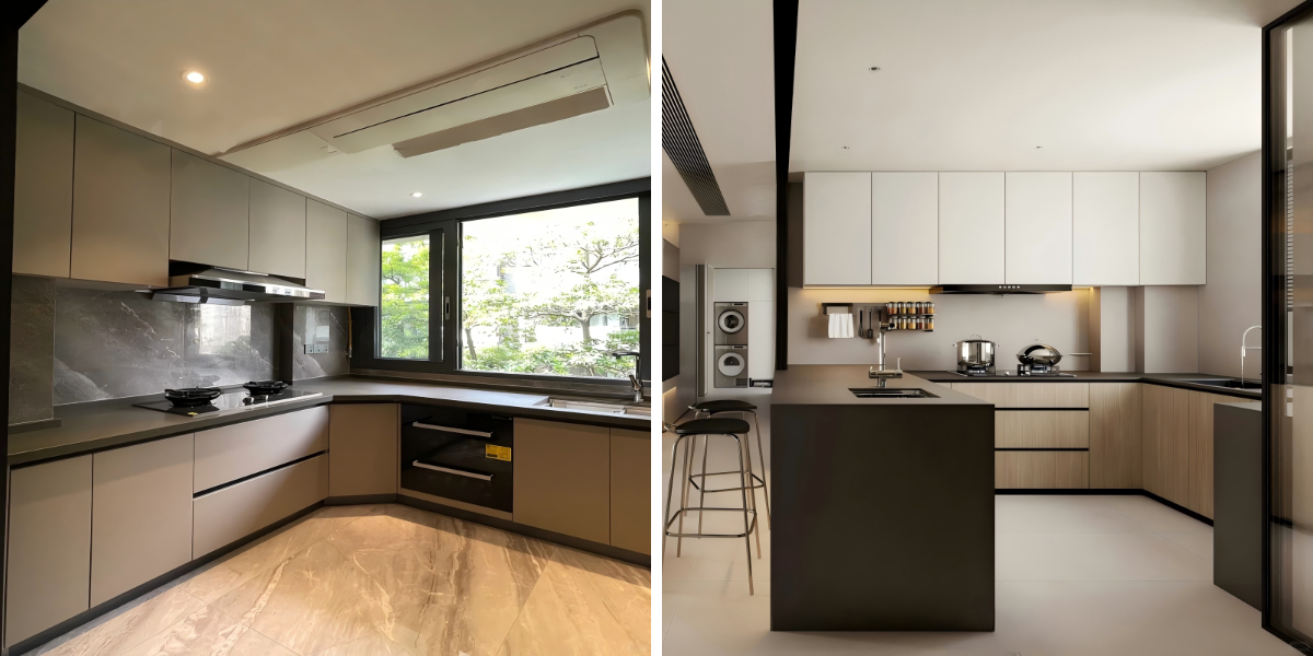 Cuisine moderne avec placards en noyer et blancs, agencement en L