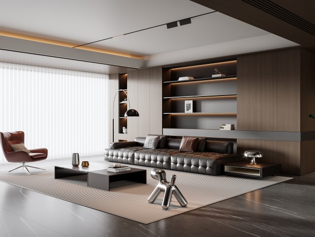 Modern living room interior featuring custom wood-grain storage systems and architectural lighting