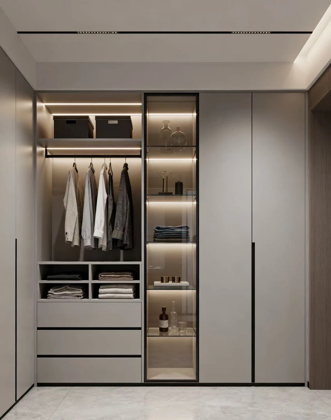grey walk in closet system with built in lighting