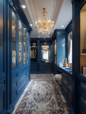 Luxury blue walk-in closet with glass door wardrobe and center aisle