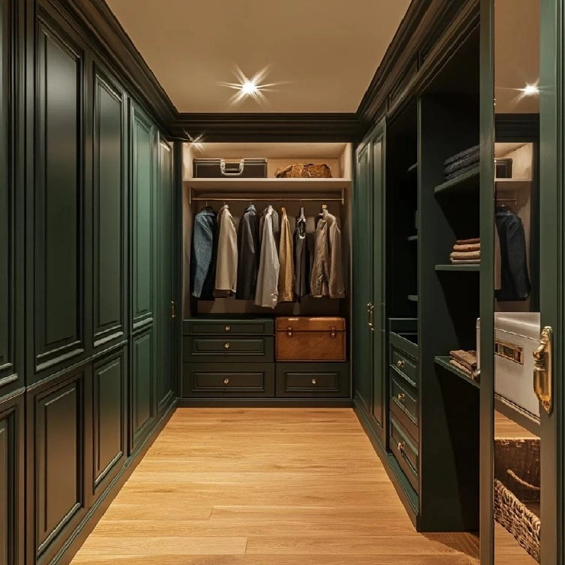 High-end emerald green modular wardrobe layout with open hanging compartments, drawers, and optimized architectural storage