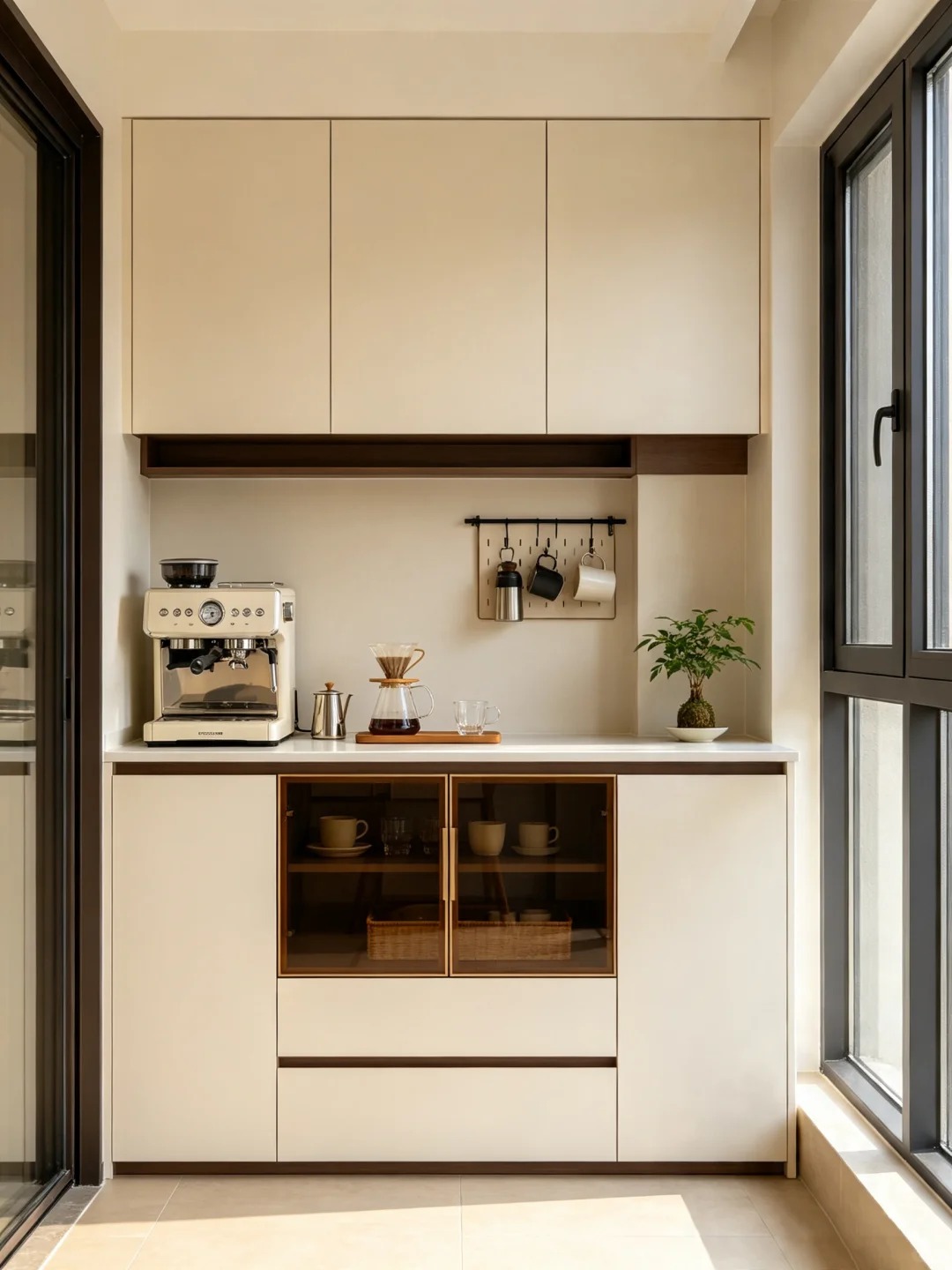 Custom warm beige wood-tone indoor balcony storage unit with multi-functional display and coffee station
