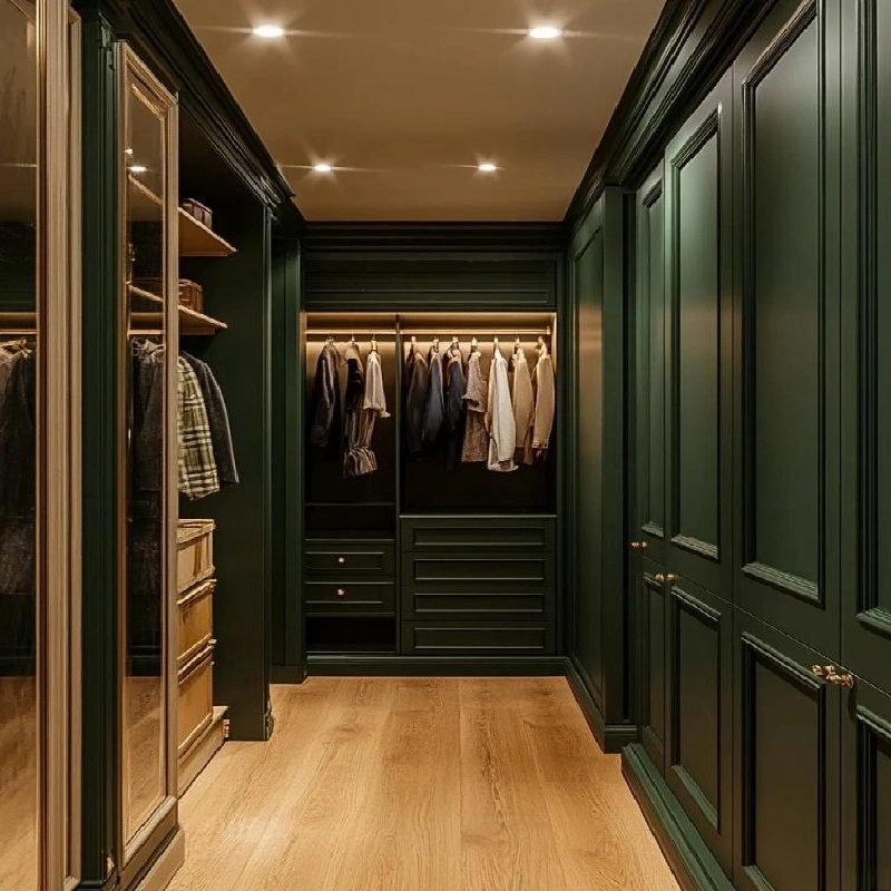 Contemporary dark green wardrobe storage system featuring symmetrical cabinet layouts and specialized apparel display modules