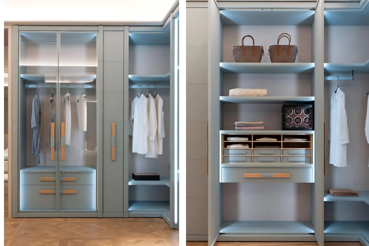 Lemari penyimpanan biru modern untuk kamar tidur