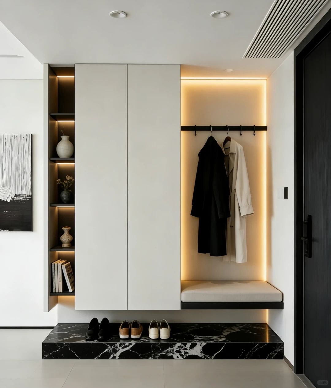 Design élégant d'armoire d'entrée sur mesure, offrant un rangement fonctionnel et un siège confortable pour les espaces compacts.