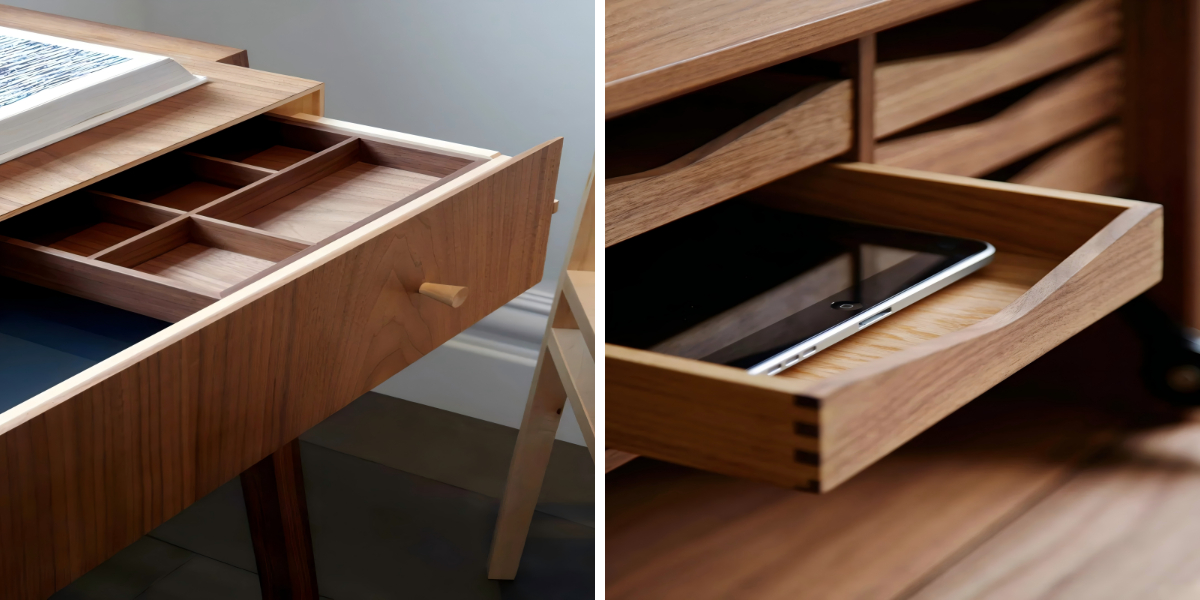 Mobile contenitore di alta gamma in noce con esclusivi dettagli a scheletro verticale, ideale per un design d'interni di lusso.