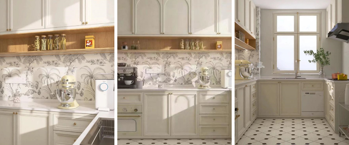 बेज रसोई कैबिनेट