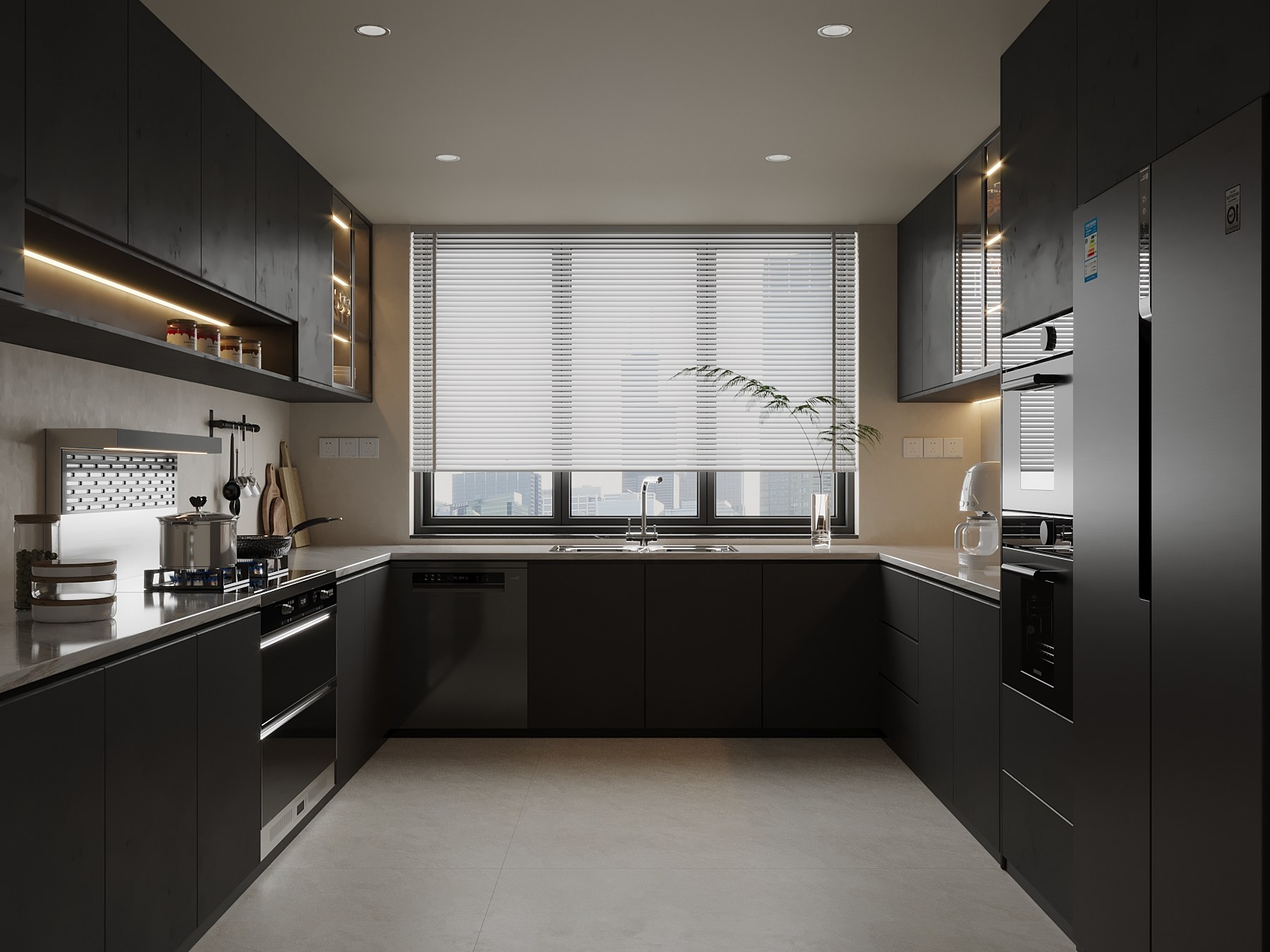 Modern black kitchen cabinets with matte finish, high-end minimalist design