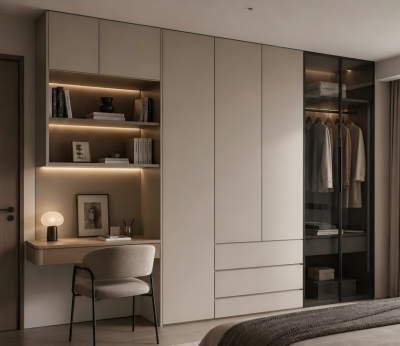 Guarda-roupa Cinzento Sem Puxadores de Luxo com Expositor de Porta de Vidro e Secretária Integrada