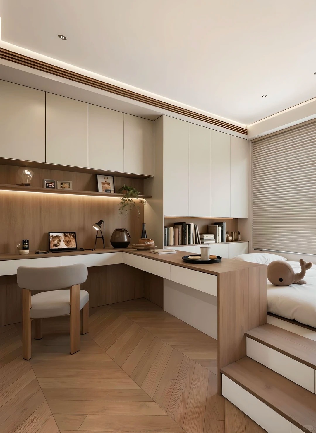 pekerjaan kayu khusus kamar tidur kompak dengan meja dan rak terintegrasi