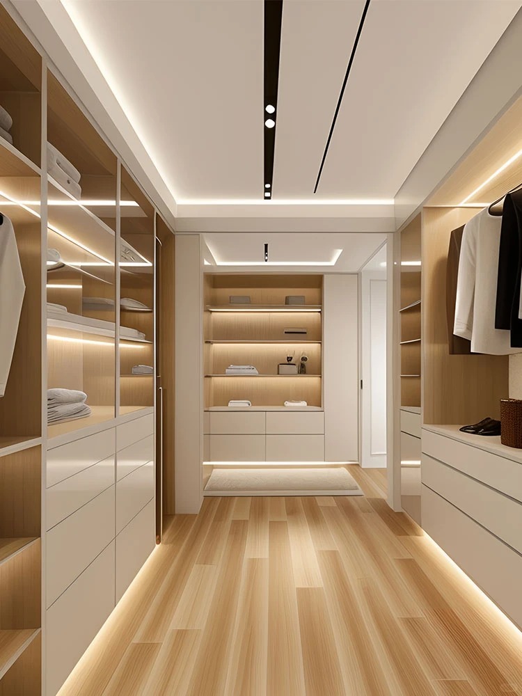 Modern luxury walk in closet organization system with integrated LED lighting and premium custom wardrobe cabinets.