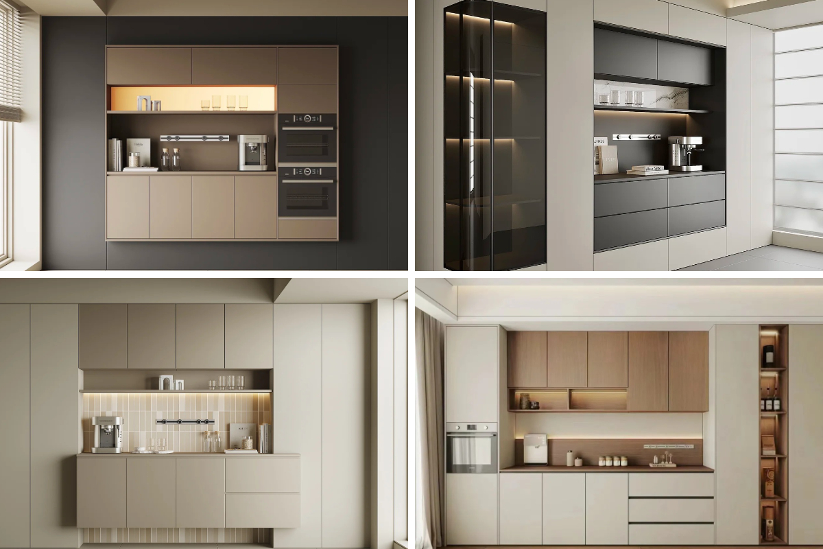 Armarios de cocina personalizados en beige y blanco con diseño integrado minimalista y exhibición estilo galería Armarios de cocina personalizados en beige y blanco con diseño integrado minimalista y exhibición estilo galería