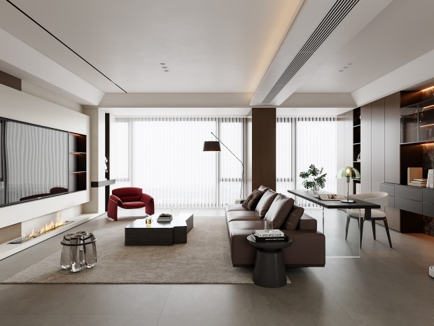 High-end living room design with bespoke media cabinet and integrated shelving solutions